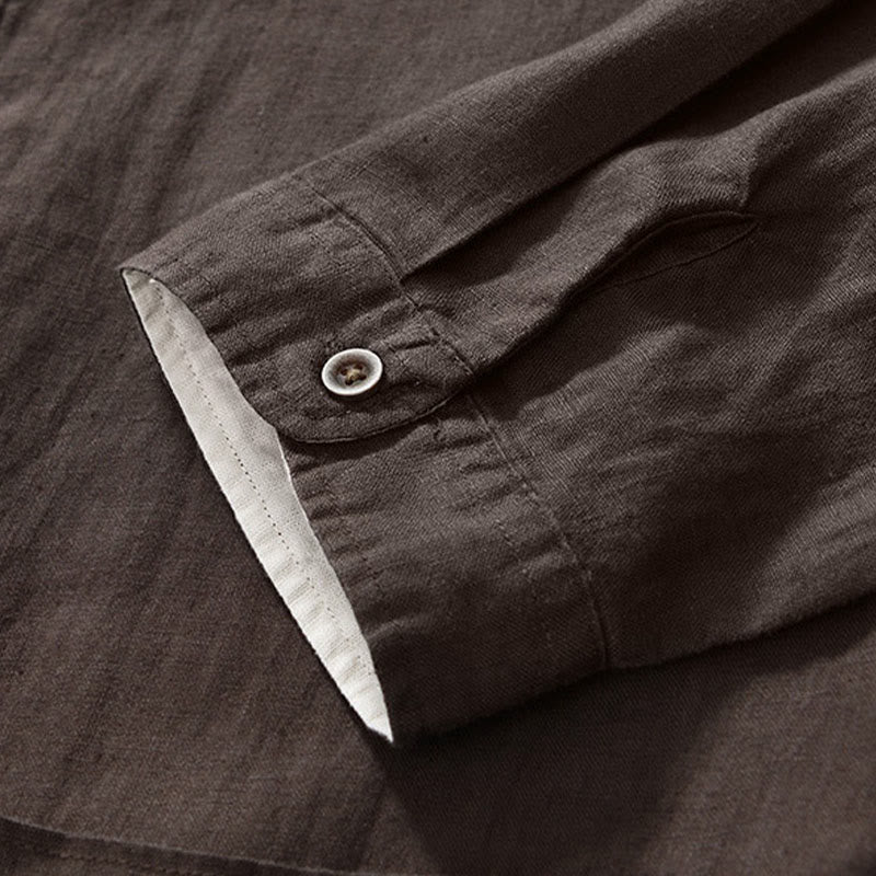 Buddha Stones秋冬 無地 ボタンダウン スタンドカラー 七分袖 リネン メンズシャツ ポケット付き - image 21
