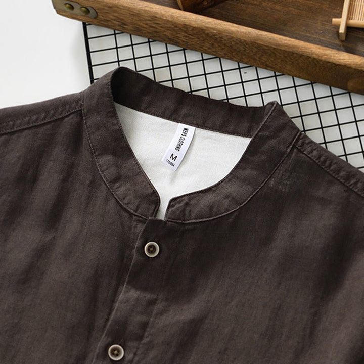 Buddha Stones秋冬 無地 ボタンダウン スタンドカラー 七分袖 リネン メンズシャツ ポケット付き - image 18