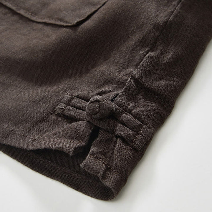 Buddha Stones秋冬 無地 ボタンダウン スタンドカラー 七分袖 リネン メンズシャツ ポケット付き - image 23