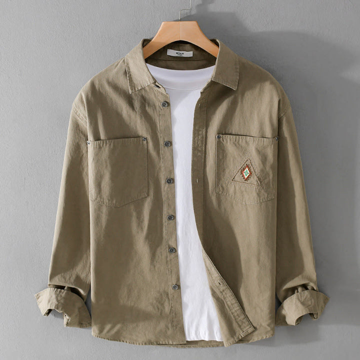 Buddha Stones秋 三角形 菱形 装飾ポケット ボタンダウン スタンドカラー 長袖 メンズ コットンシャツ - タン - US/UK/AU42、 EU52 (3XL) - image 15