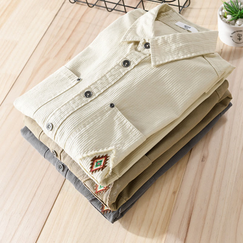 Buddha Stones秋 三角形 菱形 装飾ポケット ボタンダウン スタンドカラー 長袖 メンズ コットンシャツ - image 23