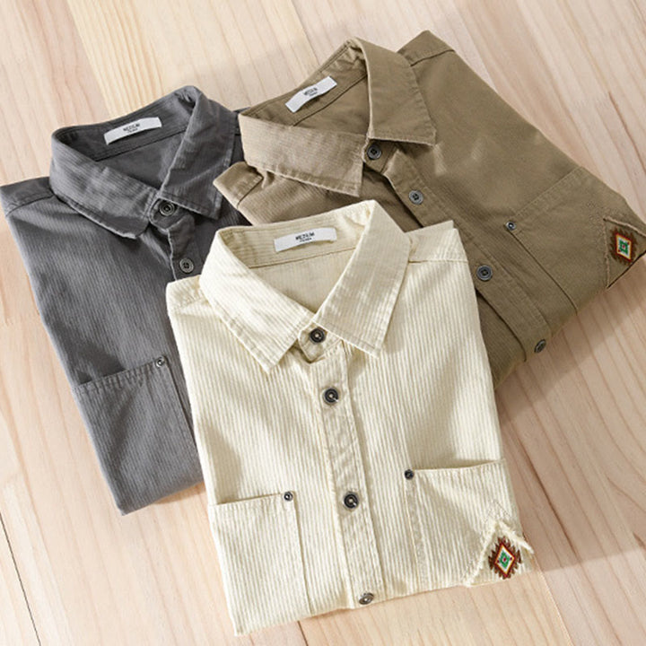 Buddha Stones秋 三角形 菱形 装飾ポケット ボタンダウン スタンドカラー 長袖 メンズ コットンシャツ - image 22