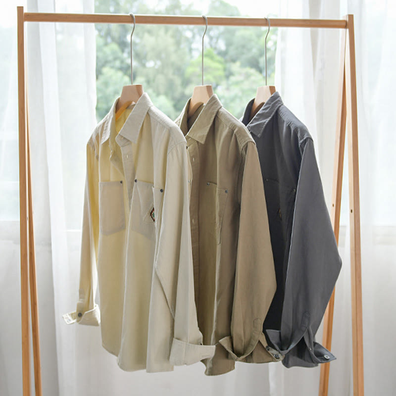 Buddha Stones秋 三角形 菱形 装飾ポケット ボタンダウン スタンドカラー 長袖 メンズ コットンシャツ - image 21