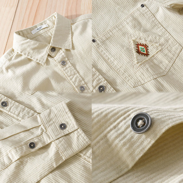 Buddha Stones秋 三角形 菱形 装飾ポケット ボタンダウン スタンドカラー 長袖 メンズ コットンシャツ - image 13