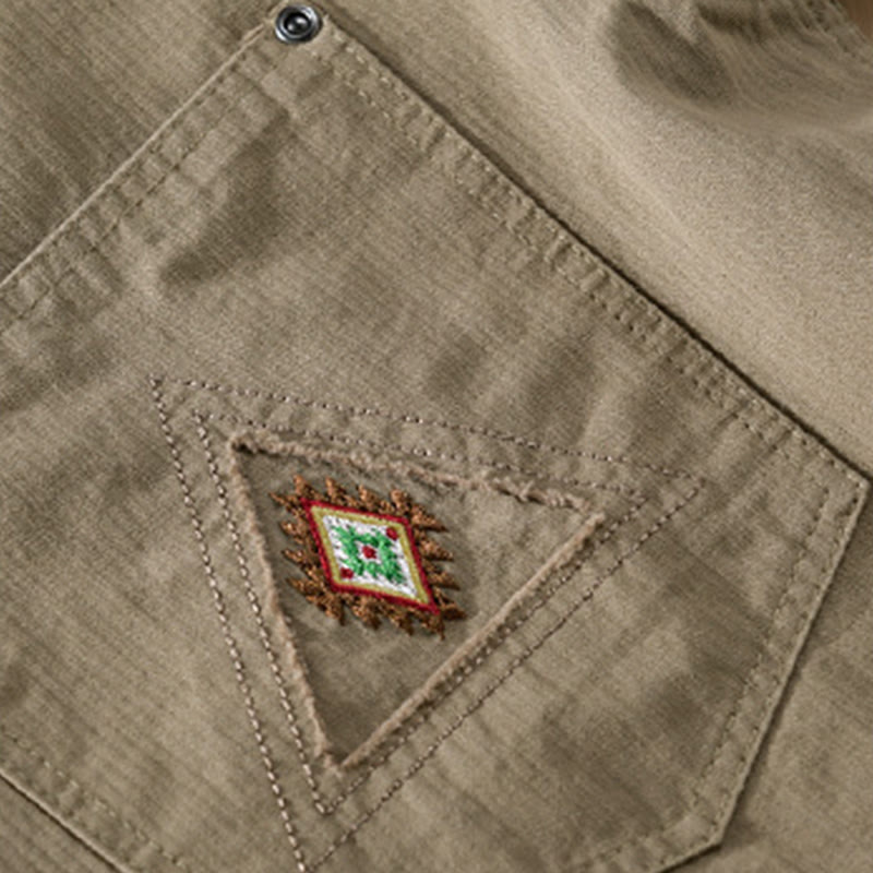 Buddha Stones秋 三角形 菱形 装飾ポケット ボタンダウン スタンドカラー 長袖 メンズ コットンシャツ - image 18