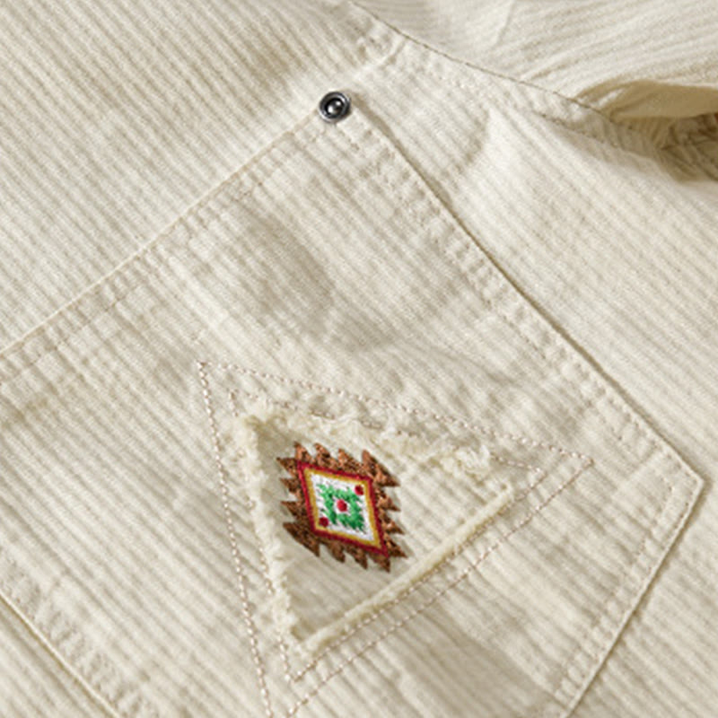 Buddha Stones秋 三角形 菱形 装飾ポケット ボタンダウン スタンドカラー 長袖 メンズ コットンシャツ - image 10