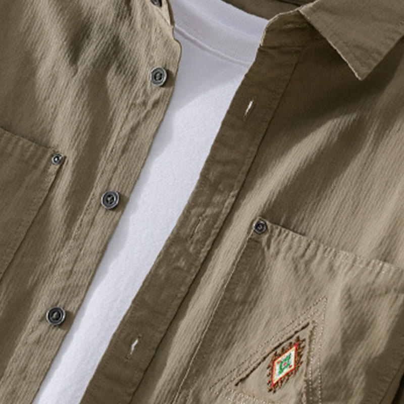 Buddha Stones秋 三角形 菱形 装飾ポケット ボタンダウン スタンドカラー 長袖 メンズ コットンシャツ - image 17