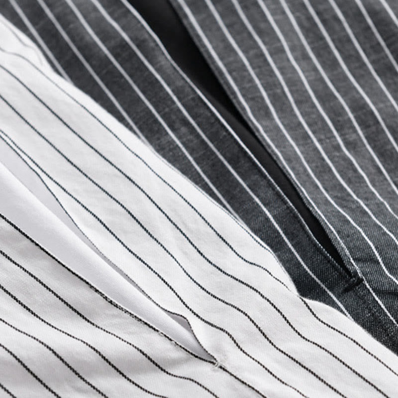 Buddha Stones秋 2イン1 ストライプ スタンドカラー 長袖 メンズ コットンシャツ - image 18