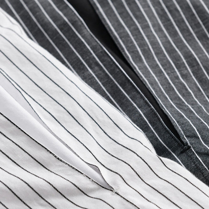 Buddha Stones秋 2イン1 ストライプ スタンドカラー 長袖 メンズ コットンシャツ - image 18