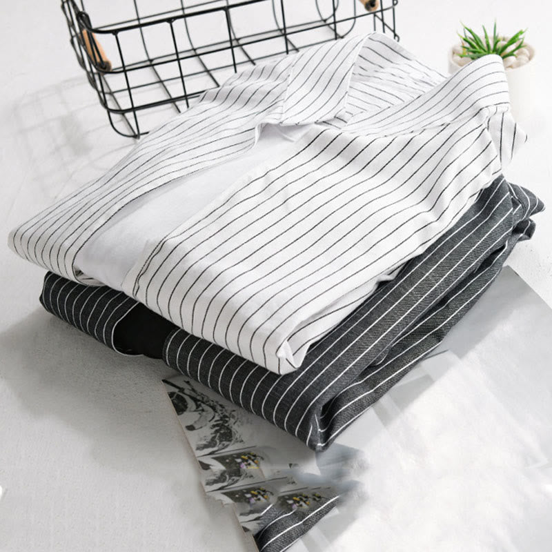 Buddha Stones秋 2イン1 ストライプ スタンドカラー 長袖 メンズ コットンシャツ - image 16