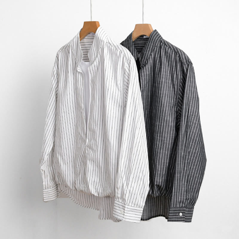 Buddha Stones秋 2イン1 ストライプ スタンドカラー 長袖 メンズ コットンシャツ - image 15