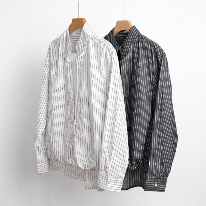 Buddha Stones秋 2イン1 ストライプ スタンドカラー 長袖 メンズ コットンシャツ - image 15