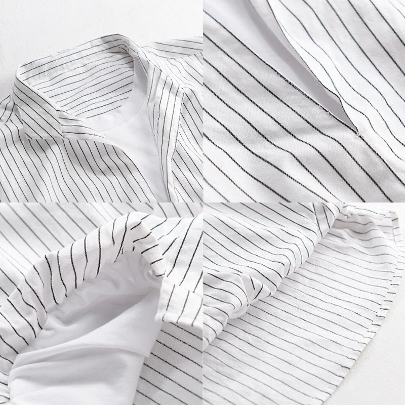 Buddha Stones秋 2イン1 ストライプ スタンドカラー 長袖 メンズ コットンシャツ - image 3