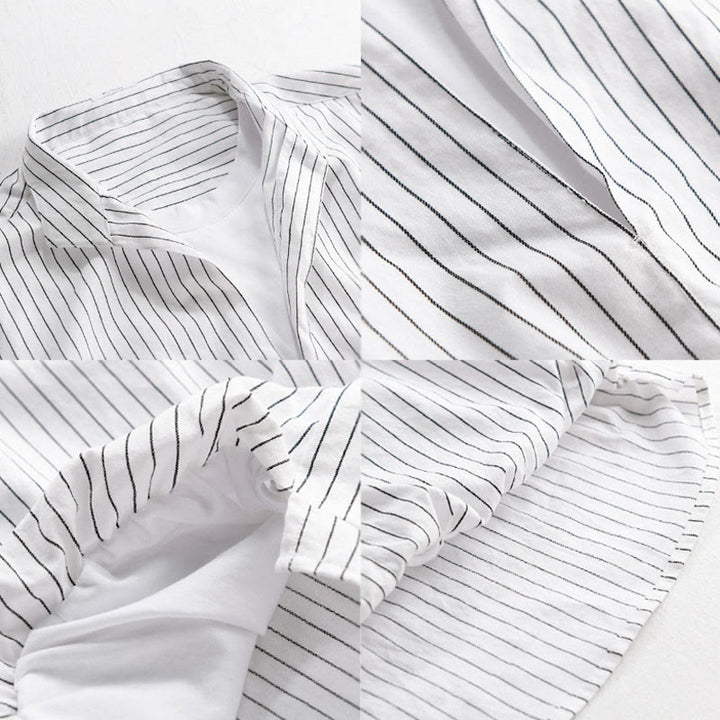 Buddha Stones秋 2イン1 ストライプ スタンドカラー 長袖 メンズ コットンシャツ - image 3