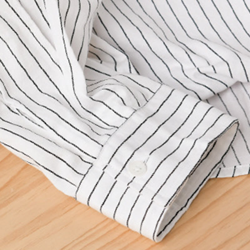 Buddha Stones秋 2イン1 ストライプ スタンドカラー 長袖 メンズ コットンシャツ - image 8