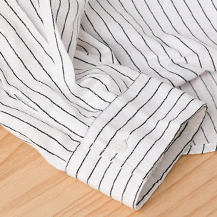 Buddha Stones秋 2イン1 ストライプ スタンドカラー 長袖 メンズ コットンシャツ - image 8