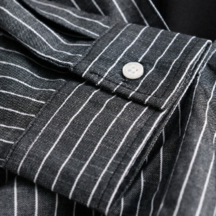 Buddha Stones秋 2イン1 ストライプ スタンドカラー 長袖 メンズ コットンシャツ - image 14