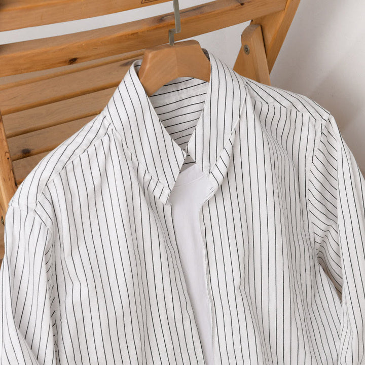 Buddha Stones秋 2イン1 ストライプ スタンドカラー 長袖 メンズ コットンシャツ - image 2