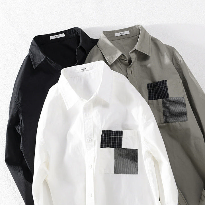 Buddha Stones秋 スクエア カラーブロッキング 装飾ポケット ボタンダウン スタンドカラー 長袖 メンズ コットンシャツ - image 15