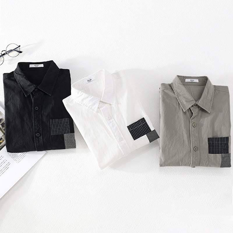 Buddha Stones秋 スクエア カラーブロッキング 装飾ポケット ボタンダウン スタンドカラー 長袖 メンズ コットンシャツ - image 14