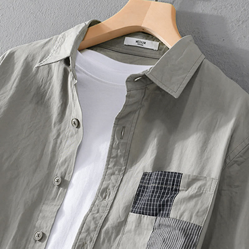 Buddha Stones秋 スクエア カラーブロッキング 装飾ポケット ボタンダウン スタンドカラー 長袖 メンズ コットンシャツ - image 1