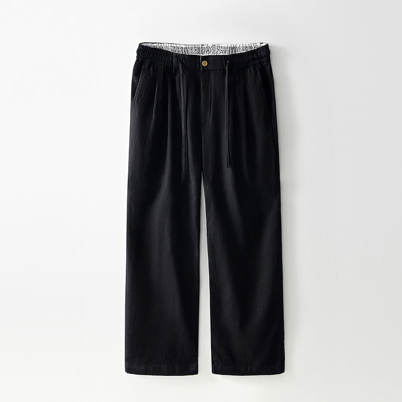 Buddha Stones秋冬 無地 ドローストリング ジッパー メンズ リネン ワイドレッグパンツ ポケット付き - 黒 - US/UK/AU44、 EU54 (4XL) - image 9