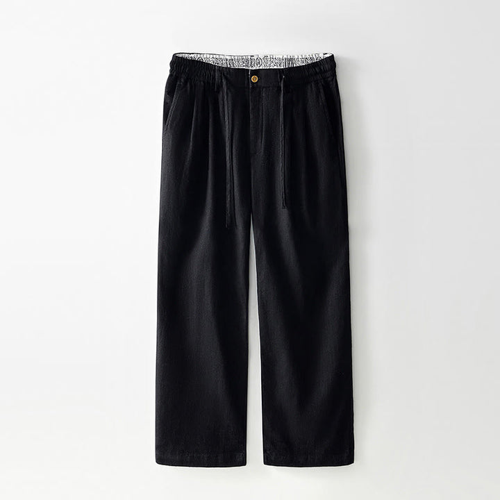 Buddha Stones秋冬 無地 ドローストリング ジッパー メンズ リネン ワイドレッグパンツ ポケット付き - 黒 - US/UK/AU44、 EU54 (4XL) - image 9