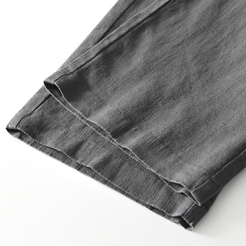 Buddha Stones秋冬 無地 ドローストリング ジッパー メンズ リネン ワイドレッグパンツ ポケット付き - image 8