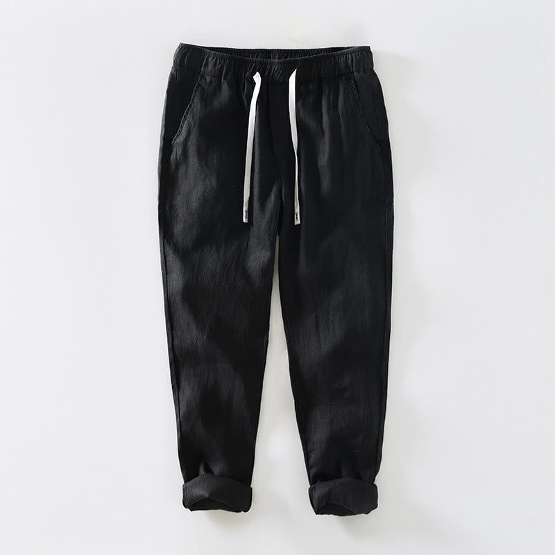 Buddha Stones秋冬 無地 ドローストリング 伸縮性ウエスト メンズ リネン アンクル丈 パンツ ポケット付き - 黒 - US/UK/AU44、 EU54 (4XL) - image 5