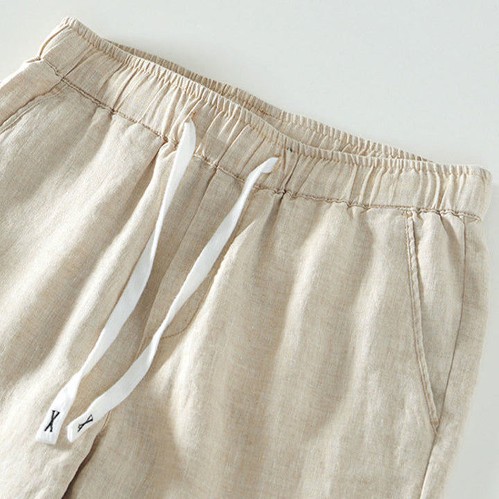 Buddha Stones秋冬 無地 ドローストリング 伸縮性ウエスト メンズ リネン アンクル丈 パンツ ポケット付き - image 1