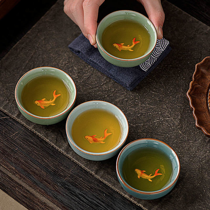 Buddha Stones手描き鯉陶器ティーカップカンフーティーカップ50ml - image 10