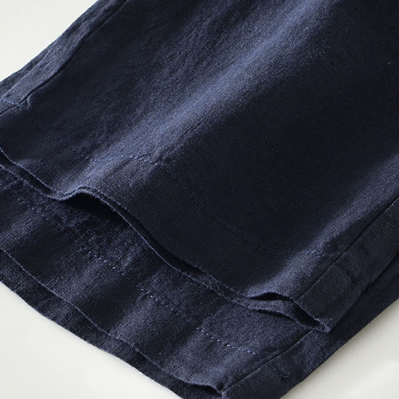 Buddha Stones秋冬 無地 ドローストリング 伸縮性ウエスト メンズ リネン ストレートレッグパンツ ポケット付き - image 4