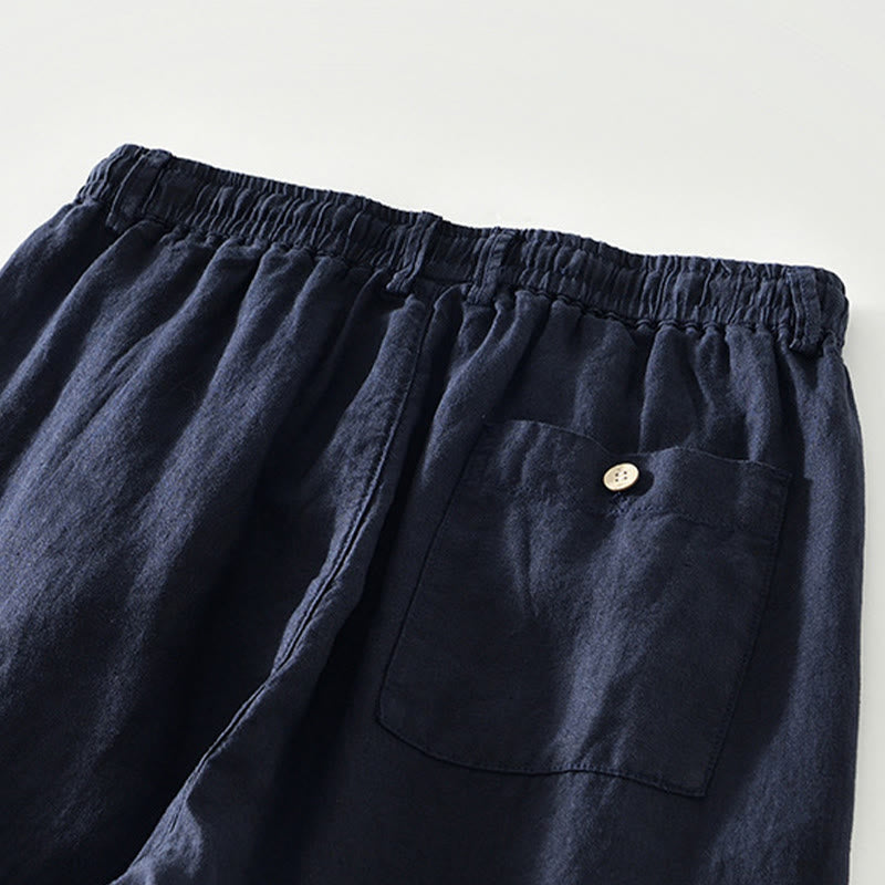 Buddha Stones秋冬 無地 ドローストリング 伸縮性ウエスト メンズ リネン ストレートレッグパンツ ポケット付き - image 2