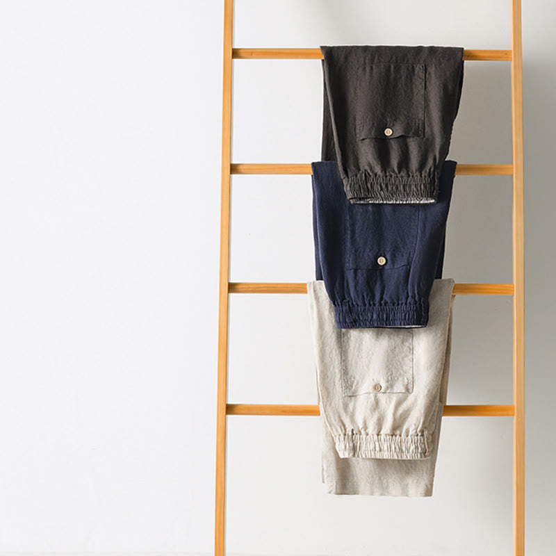 Buddha Stones秋冬 無地 ドローストリング 伸縮性ウエスト メンズ リネン ストレートレッグパンツ ポケット付き - image 16