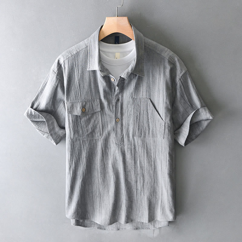Buddha Stonesサマーソリッドプリーツデザインメンズハーフボタン半袖コットンラミーシャツ - グレー - US/UK/AU44、 EU54 (4XL) - image 11