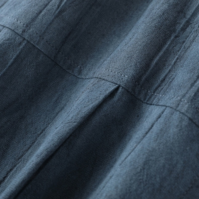 Buddha Stonesサマーソリッドプリーツデザインメンズハーフボタン半袖コットンラミーシャツ - image 6