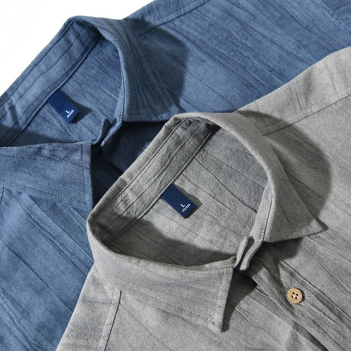 Buddha Stonesサマーソリッドプリーツデザインメンズハーフボタン半袖コットンラミーシャツ - image 13