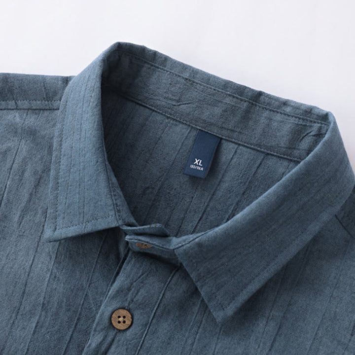 Buddha Stonesサマーソリッドプリーツデザインメンズハーフボタン半袖コットンラミーシャツ - image 1