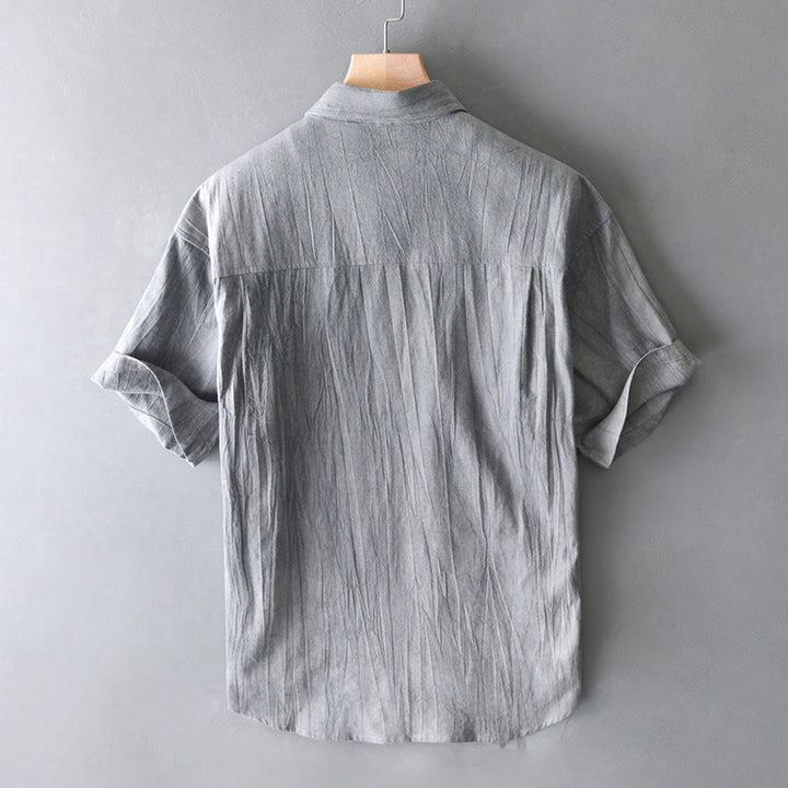 Buddha Stonesサマーソリッドプリーツデザインメンズハーフボタン半袖コットンラミーシャツ - image 12