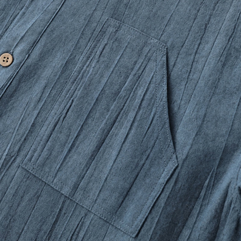 Buddha Stonesサマーソリッドプリーツデザインメンズハーフボタン半袖コットンラミーシャツ - image 5