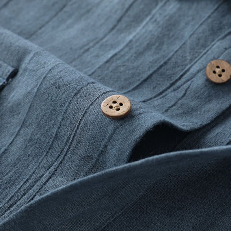 Buddha Stonesサマーソリッドプリーツデザインメンズハーフボタン半袖コットンラミーシャツ - image 3