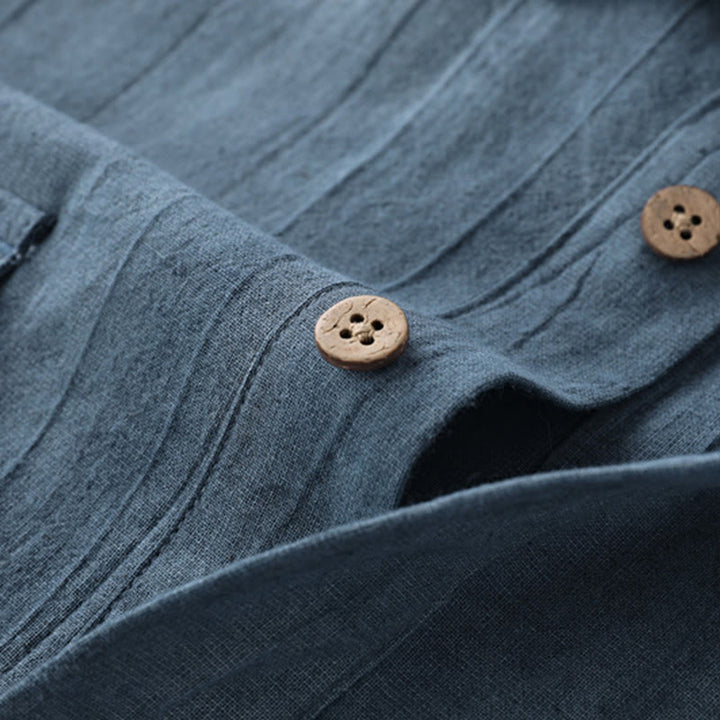 Buddha Stonesサマーソリッドプリーツデザインメンズハーフボタン半袖コットンラミーシャツ - image 3