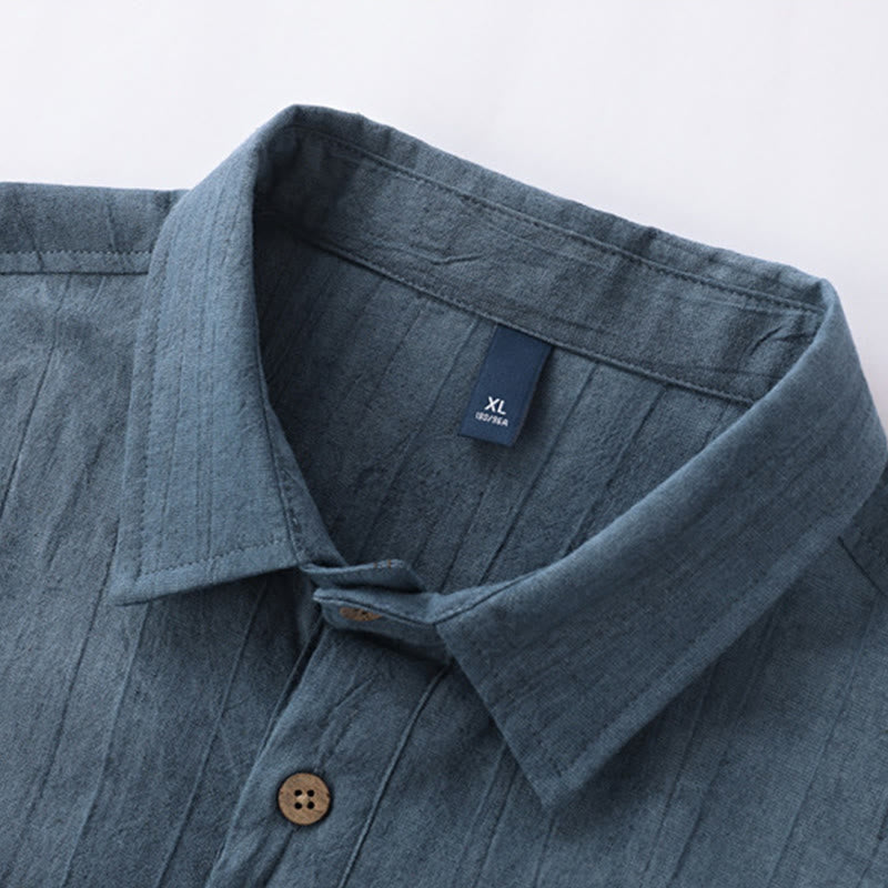 Buddha Stonesサマーソリッドプリーツデザインメンズハーフボタン半袖コットンラミーシャツ - image 1