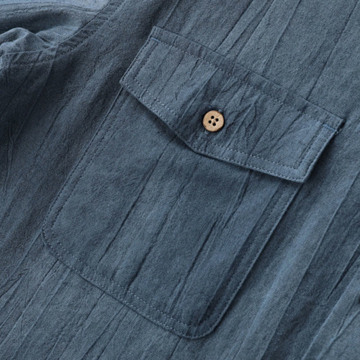 Buddha Stonesサマーソリッドプリーツデザインメンズハーフボタン半袖コットンラミーシャツ - image 4