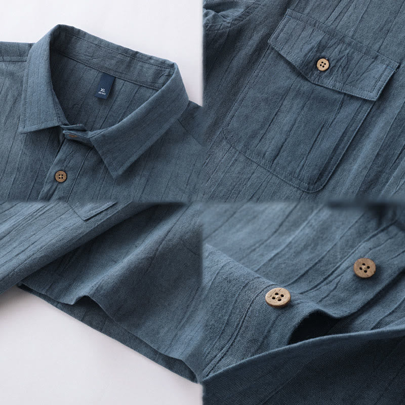 Buddha Stonesサマーソリッドプリーツデザインメンズハーフボタン半袖コットンラミーシャツ - image 9