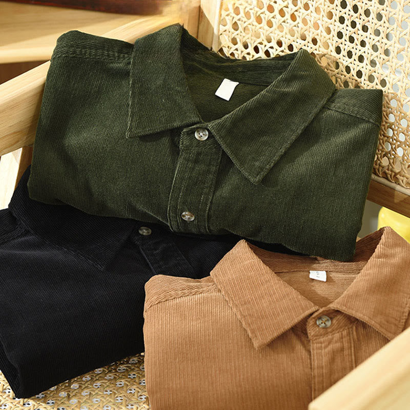 Buddha Stones秋 装飾ポケット ボタンダウン スタンドカラー 長袖 メンズ コットン コーデュロイ シャツ - image 19