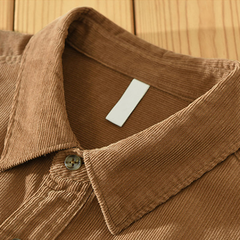 Buddha Stones秋 装飾ポケット ボタンダウン スタンドカラー 長袖 メンズ コットン コーデュロイ シャツ - image 3