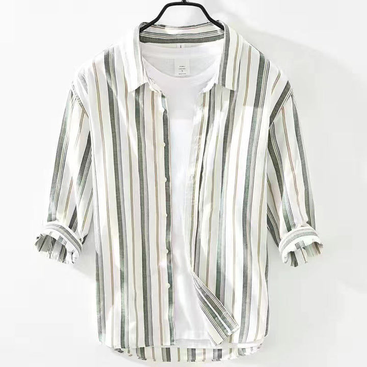 Buddha Stones秋 ストライプ 装飾ポケット ボタンダウン 長袖 七分袖 半袖 メンズ コットンシャツ - 七分袖 グリーン - US/UK/AU42、 EU52 (3XL) - image 22