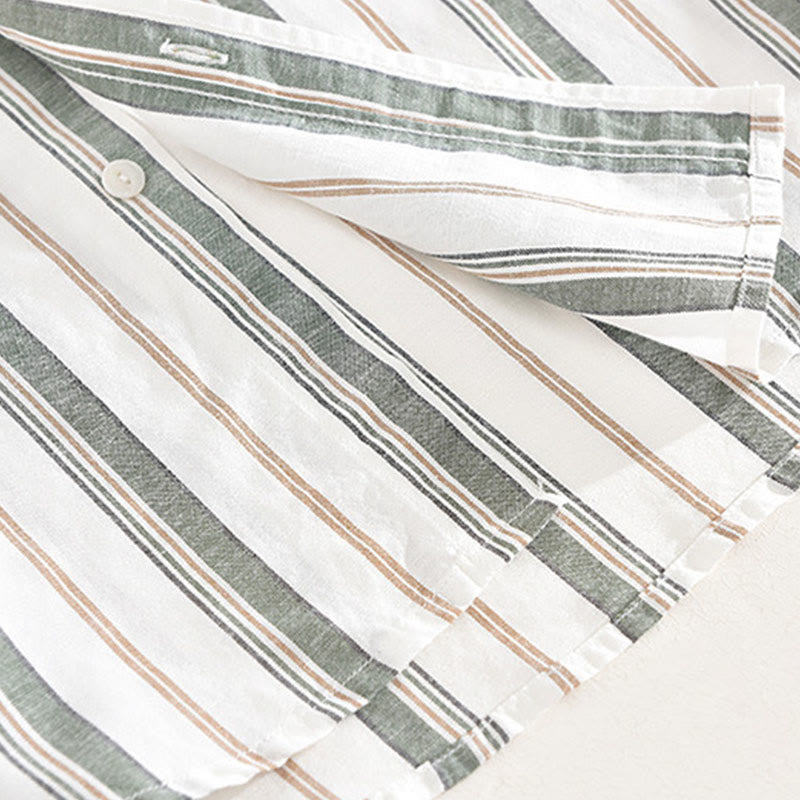 Buddha Stones秋 ストライプ 装飾ポケット ボタンダウン 長袖 七分袖 半袖 メンズ コットンシャツ - image 15