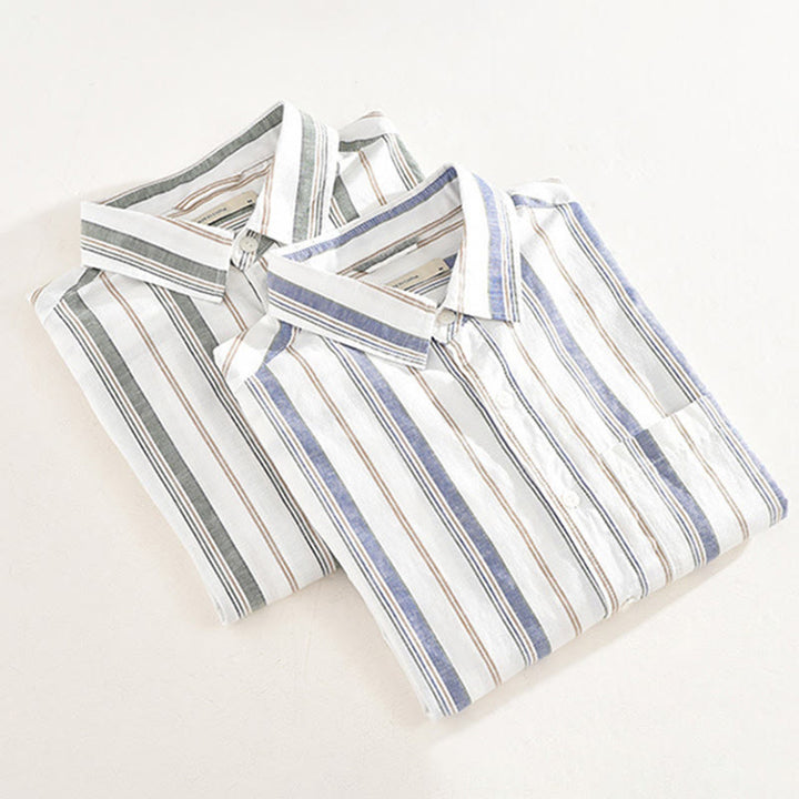 Buddha Stones秋 ストライプ 装飾ポケット ボタンダウン 長袖 七分袖 半袖 メンズ コットンシャツ - image 18